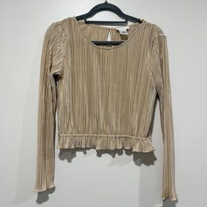 Kirious Pleated Crinkle Shimmer Gold Metallic Open Back Blouse Women Sz Medium